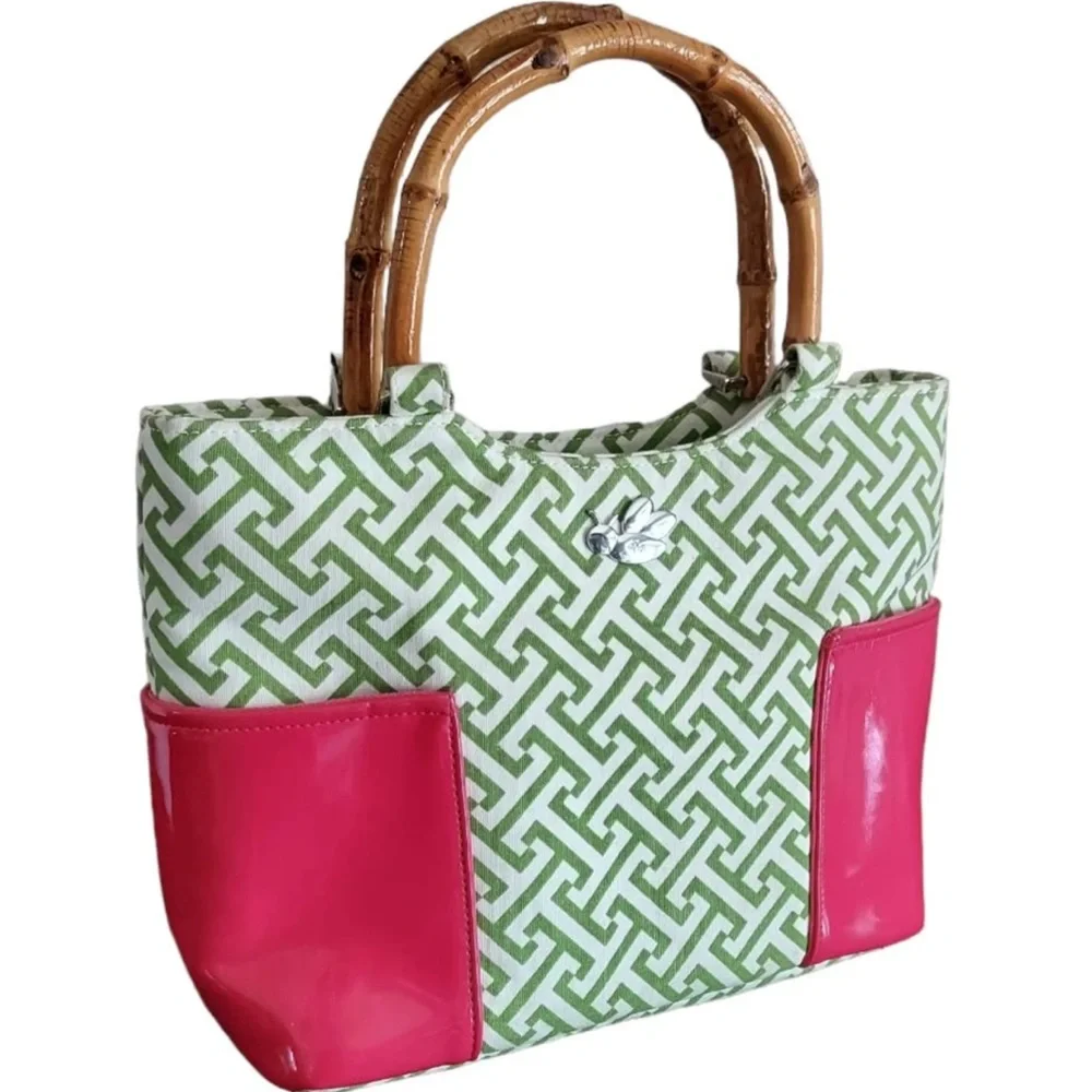 B’s Bamboo Handle Satchel Pink Green Geometric Bee Bag NWT